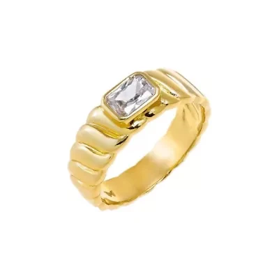CZ Bezel Asscher Ridged Band Ring