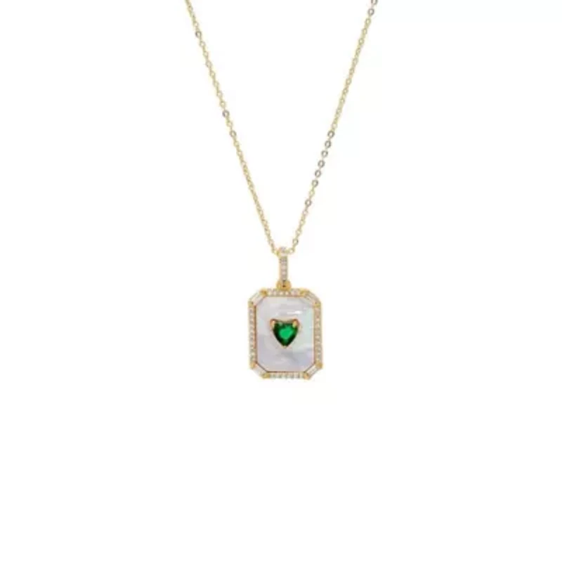Colored Heart CZ & Mother Of Pearl Dog Tag Necklace