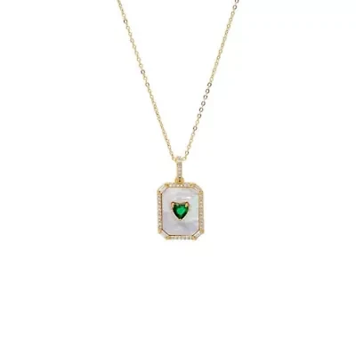 Colored Heart CZ & Mother Of Pearl Dog Tag Necklace
