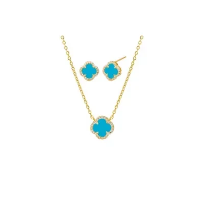 Mini Pave Colored Stone Clover Necklace & Earring Combo Set