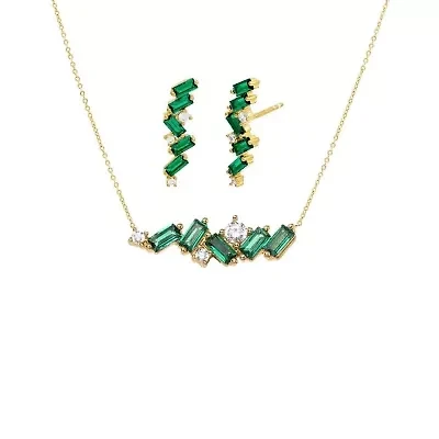Emerald Green CZ Baguette Earring & Necklace Combo Set