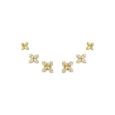 Solid/Pave Graduated Four Leaf Flower Stud Earring Combo Set