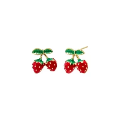 Red & Green Enamel Double Strawberry Stud Earring