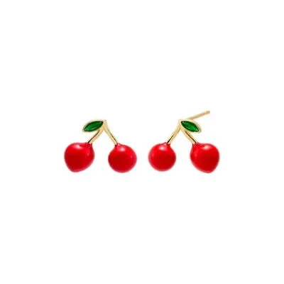 Red Enamel & Green CZ Cherry Stud Earring