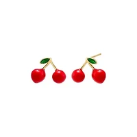 Red Enamel & Green CZ Cherry Stud Earring