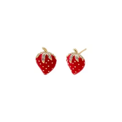 Pave & Red Enamel Strawberry Stud Earring