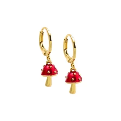 Red Enamel Mushroom Dangling Huggie Earring