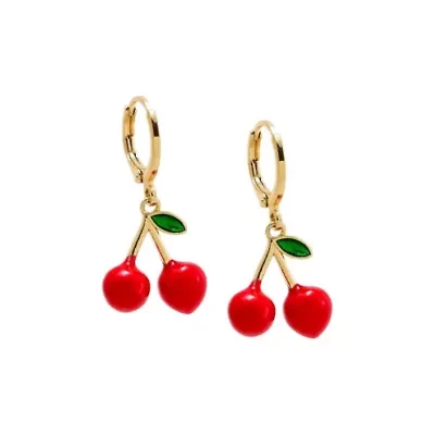 Red Enamel Dangling Cherry Huggie Earring