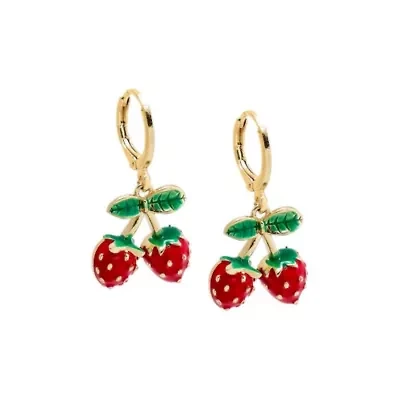 Colored Enamel Dangling Double Strawberry Huggie Earring
