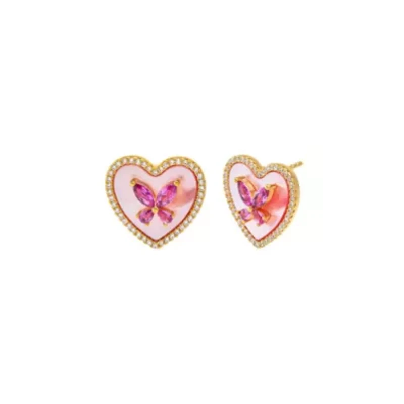 Pink CZ Butterfly Heart Stone Stud Earring