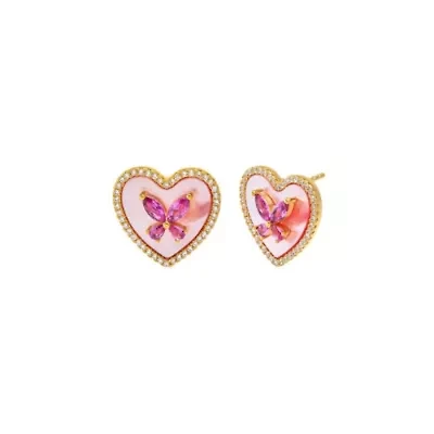 Pink CZ Butterfly Heart Stone Stud Earring