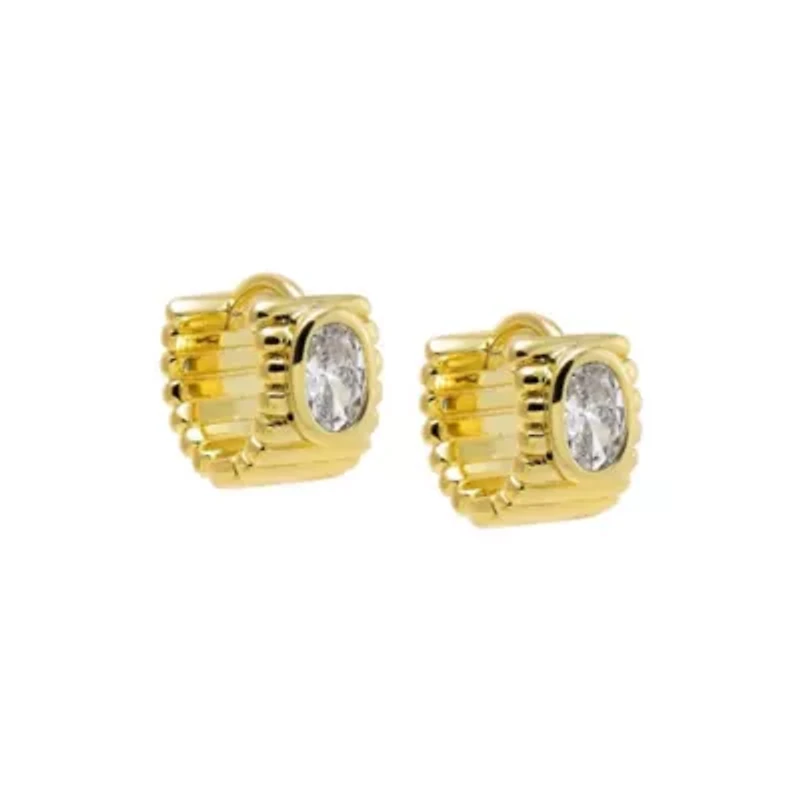 CZ Oval Bezel Ridged Huggie Earring