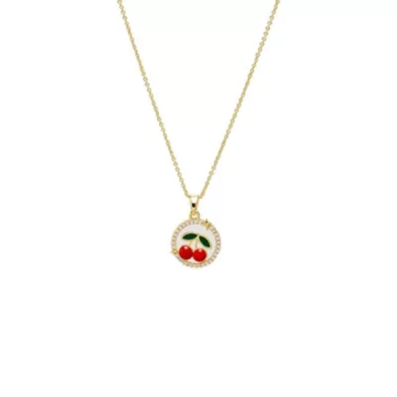 Red & Green Enamel Cherry Cutout Disc Necklace