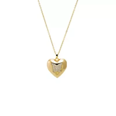 Pave Butterfly Bubble Heart Locket Necklace