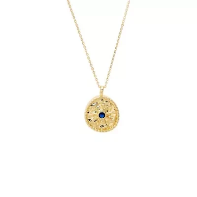 Blue CZ Textured Coin Necklace