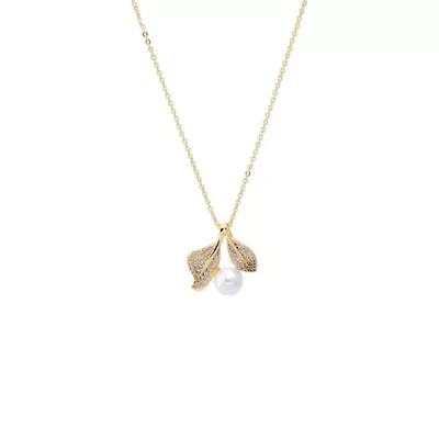 Pearl & Pave Leaf Charm Necklace