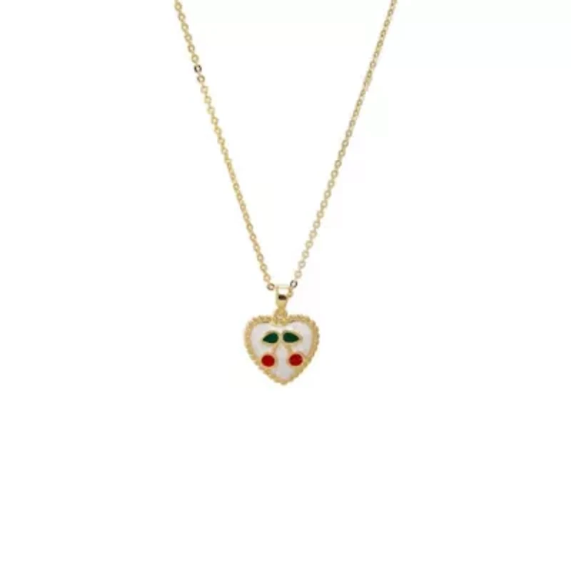 Red & Green Enamel Cherry Cutout Heart Necklace