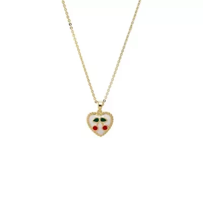 Red & Green Enamel Cherry Cutout Heart Necklace