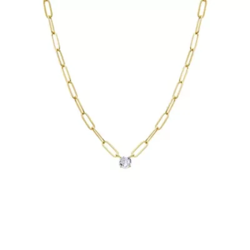 CZ Solitaire Four Prong Paperclip Necklace