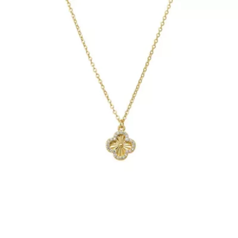 Pave Outlined Ridged Clover Pendant Necklace