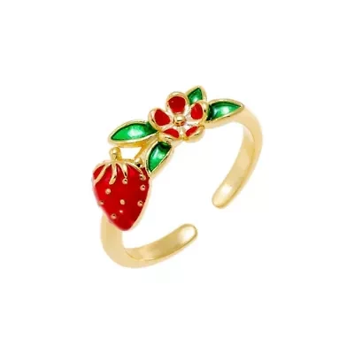 Colored Enamel Strawberry & Flower Adjustable Ring