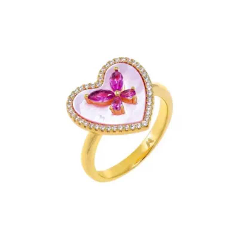 Pink CZ Butterfly Heart Stone Ring