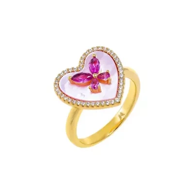 Pink CZ Butterfly Heart Stone Ring