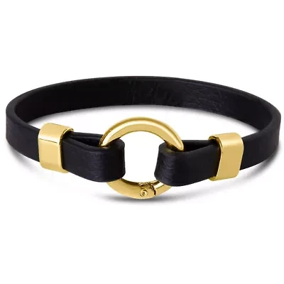 Mens Black Leather Bracelet, Gold