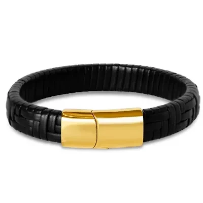 Mens Classic Black Leather Bracelet, Silver