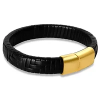 Mens Classic Black Leather Bracelet, Silver