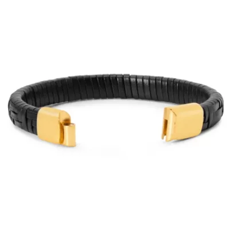 Mens Classic Black Leather Bracelet, Silver