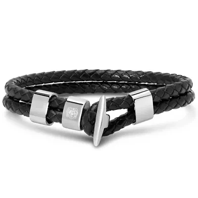 Mens Black Leather Toggle Leather Bracelet, Silver