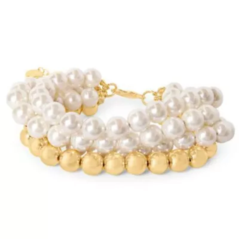 Four Strand Pearl and Gold Ball Bracelet, 7 Inches For Women