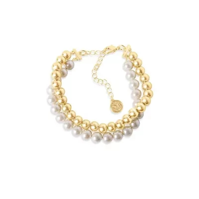 Two Strand Pearl and Gold Ball Bracelet, 7 Inches For Women