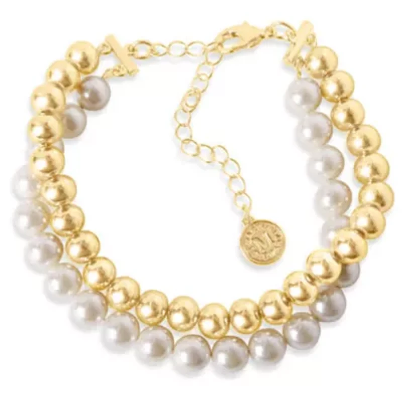 Two Strand Pearl and Gold Ball Bracelet, 7 Inches For Women