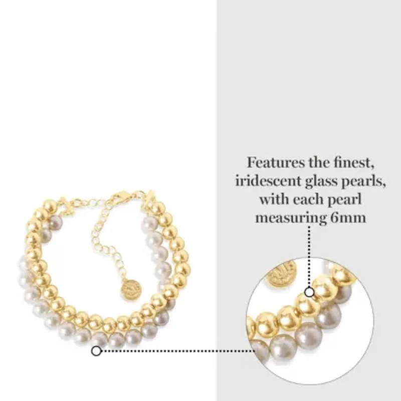 Two Strand Pearl and Gold Ball Bracelet, 7 Inches For Women