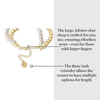 Two Strand Pearl and Gold Ball Bracelet, 7 Inches For Women
