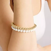 Two Strand Pearl and Gold Ball Bracelet, 7 Inches For Women