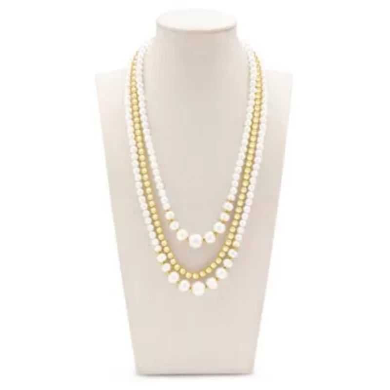 Traditional Three Strand Pearl and Ball Necklace In Gold