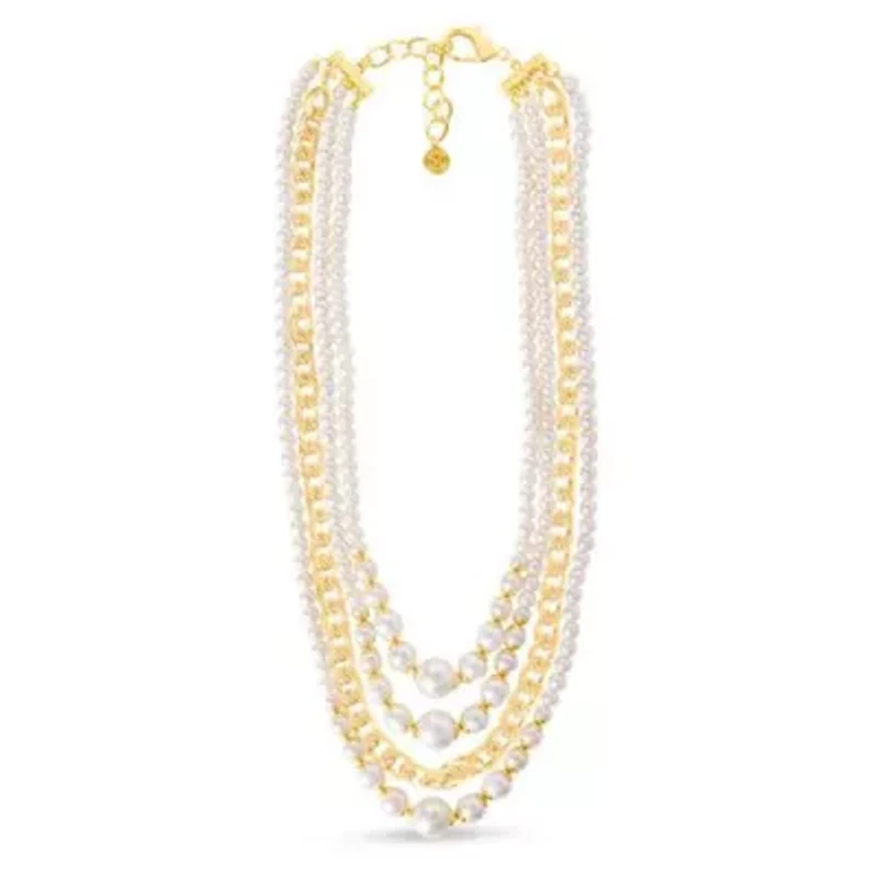 Four Strand Pearl and Chain Necklace In Gold