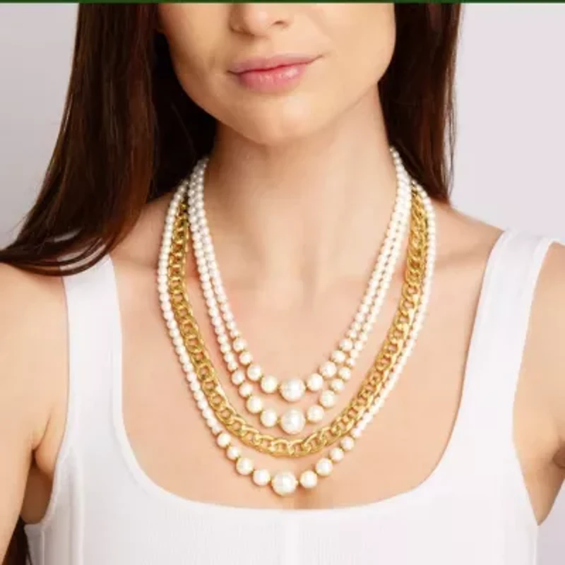Four Strand Pearl and Chain Necklace In Gold