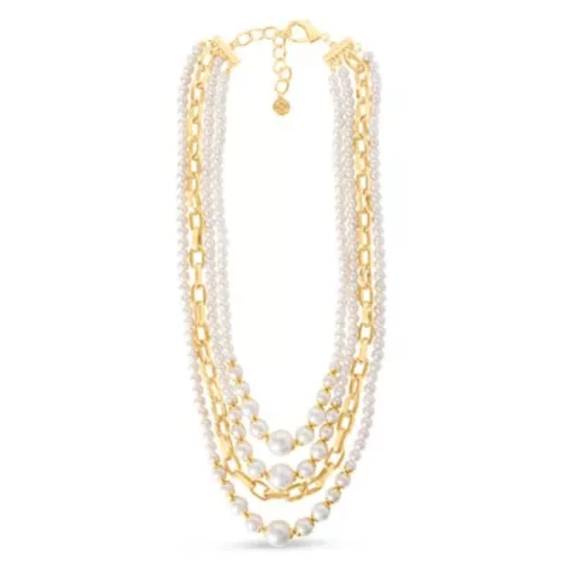 Four Strand Pearl and Chain Necklace In Gold, Long