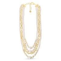 Four Strand Pearl and Chain Necklace In Gold, Long