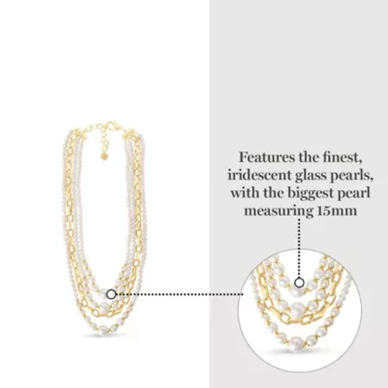 Four Strand Pearl and Chain Necklace In Gold, Long