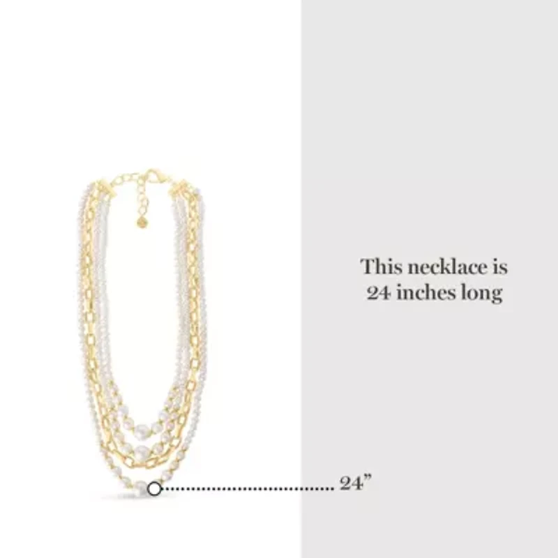 Four Strand Pearl and Chain Necklace In Gold, Long