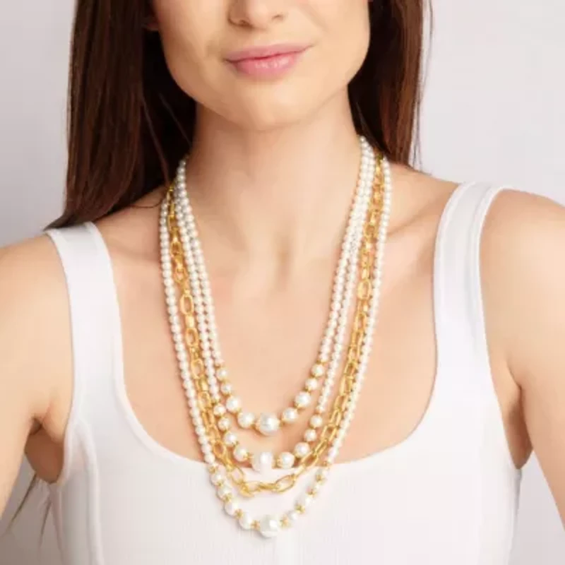 Four Strand Pearl and Chain Necklace In Gold, Long