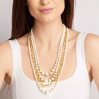 Four Strand Pearl and Chain Necklace In Gold, Long