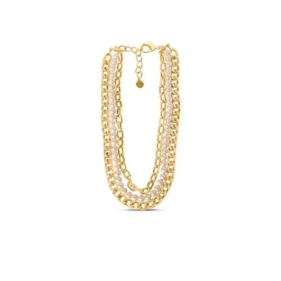 Three Strand Pearl and Chain Necklace In Gold