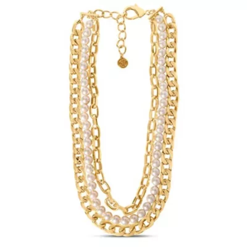 Three Strand Pearl and Chain Necklace In Gold