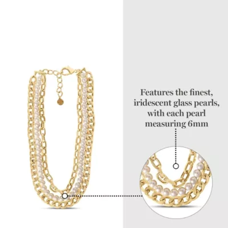 Three Strand Pearl and Chain Necklace In Gold